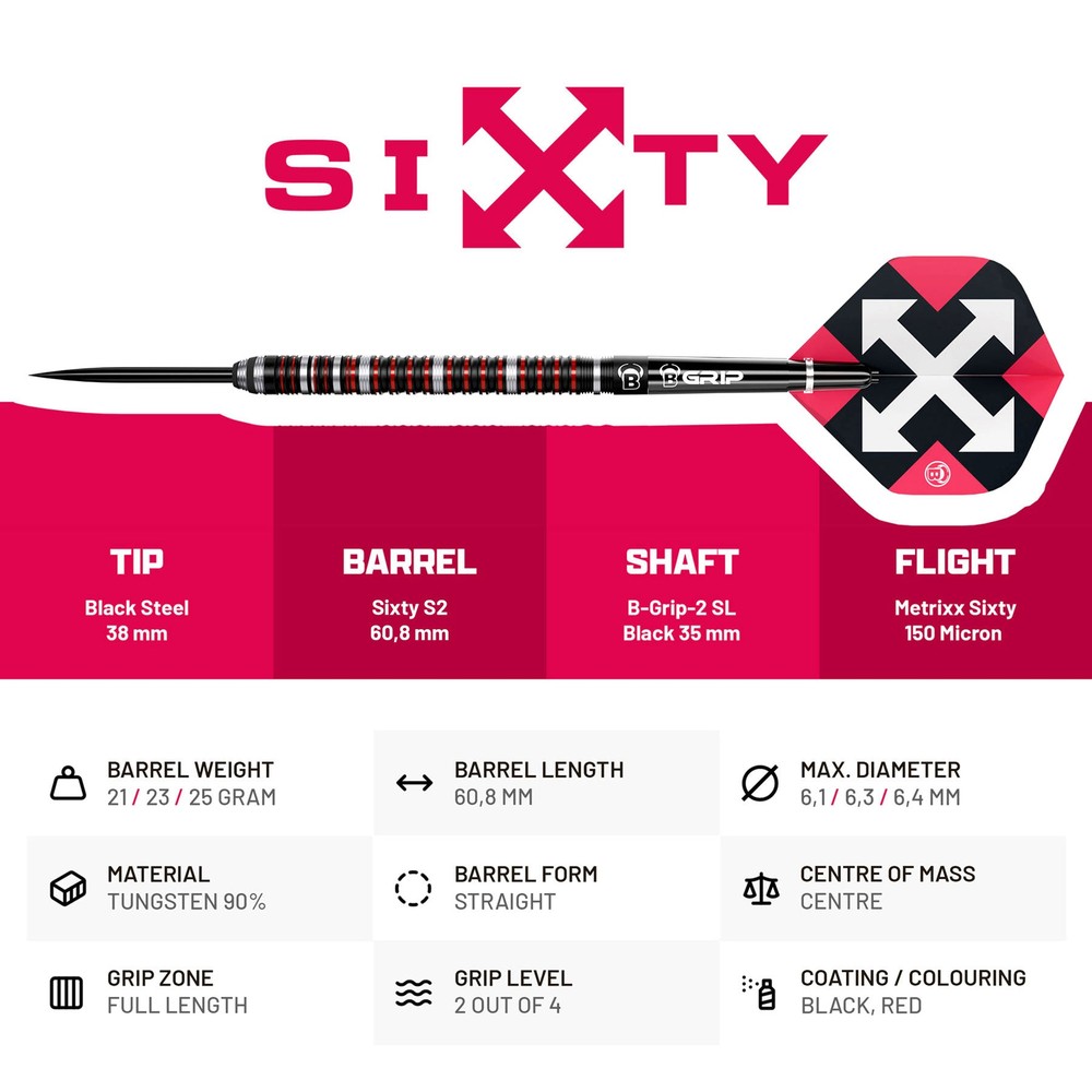 BEAZD Darts/Bull's Germany dartpijlen Sixty S2 90% - Afbeelding 2